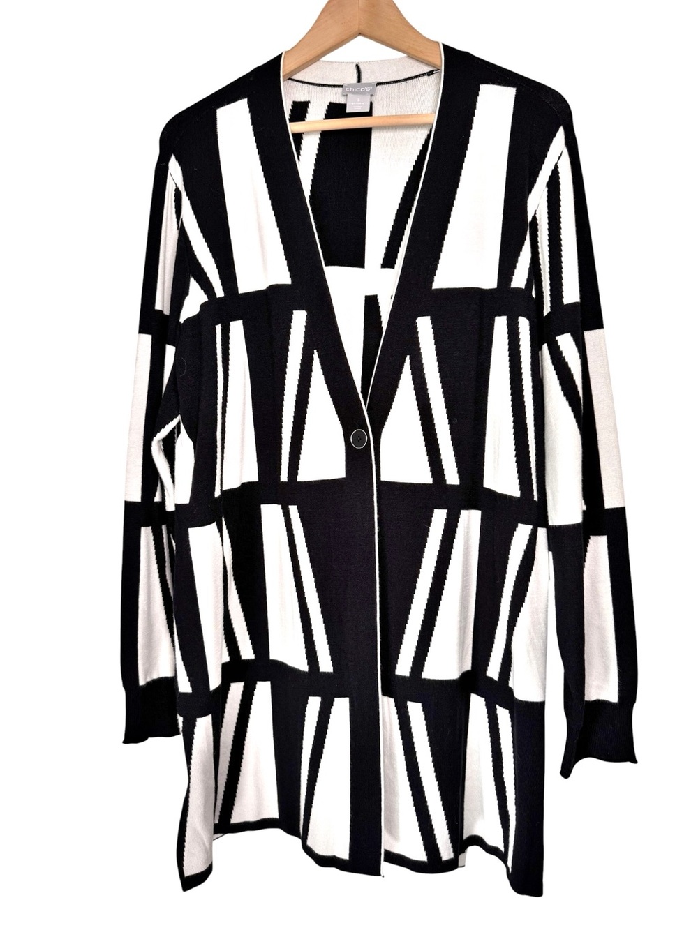 Chicos Black White Geometric Cardigan Size 3 XL One Button Knit Sweater Jacket